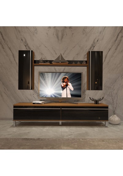 Decoraktiv Eko 5d Mdf Std Krom Ayaklı Tv Ünitesi Tv Sehpası Ceviz - Siyah