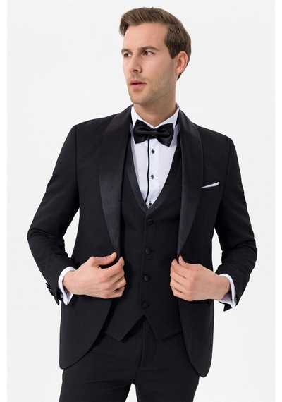 Süvari Siyah Slim Fit Armürlü 6 Drop Smokin & Damatlık