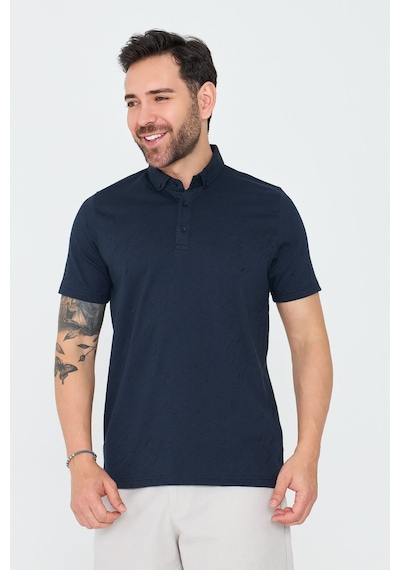 Lacivert Mikro Desenli Düğmeli Erkek Polo Yaka Tişört