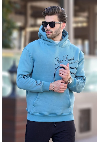 Madmext Mavi Baskılı Kapşonlu Cep Detaylı Erkek Sweatshirt 7067 Mavi