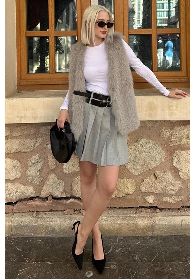 Madmext Gri Pileli İki Kemerli Kadın Etek Mg2246
