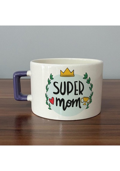 Super Mom Yazı Baskılı Mor Kulplu C Fincan