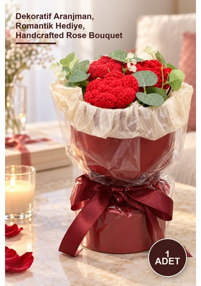 1 Adet El Örgüsü Romantik Gül Buketi Dekoratif Aranjman, Romantik Hediye, Handcrafted Rose Bouquet
