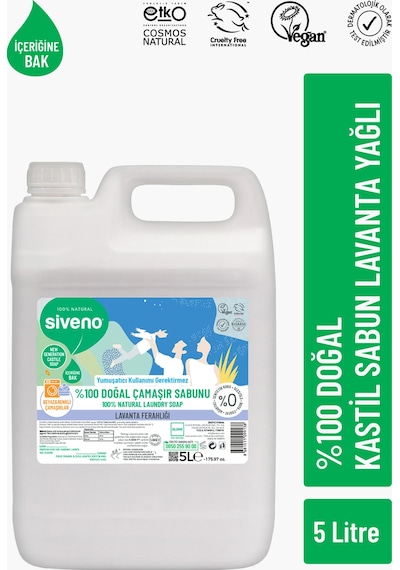 Siveno %100 Doğal Sıvı Kastil Sabun Lavanta Yağlı Cildi Rahatlatıcı Nemlendirici Bitkisel Vegan 5 L