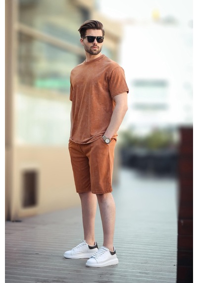 Madmext Kahverengi Basic Erkek Şort T-shirt Takımı E7309