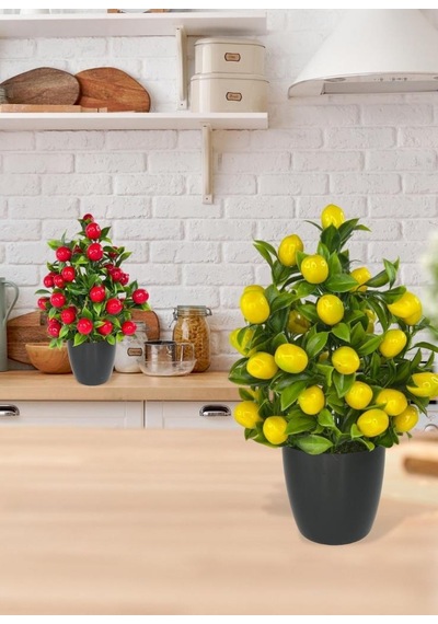 4lü Set Yapay Çiçek Kiraz Nar Limon Ve Mandalina Ağacı Siyah Saksıda 30cm