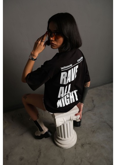 Technomonkey Unisex Siyah Oversize Rave All Night Baskılı Tişört