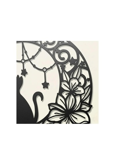 Floral Hilal Ve Kedi Silüeti Dekoratif Metal Tablo - Metal Duvar Sanatı - Krom - 75 X 75 Cm