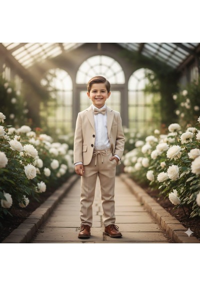 Erkek Çocuk Damatlık 4 Parça Bej Blazer Ceket & Gömlek & Pantalon & Papyon Şık Takım Elbise 5428- Erkek Çocuk Damatlık 4 Parça Bej Blazer Ceket & Gömlek & Pantalon & Papyon Şık Takım Elbise 5428-