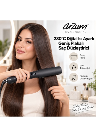 Arzum Ar5180 Ion Geniş Plakalı İyonlu Saç Düzleştirici 230 C Dijital Isı Ayarlı