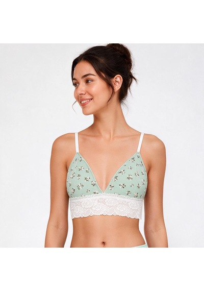 Bonbon Kadın Pamuklu Bohçalık Çeyizlik Ve Hediyelik Pointel Çiçek Desenli Ribana Kumaş Dantel Detaylı Bralet Bb2763 Açık Yeşil Desenli