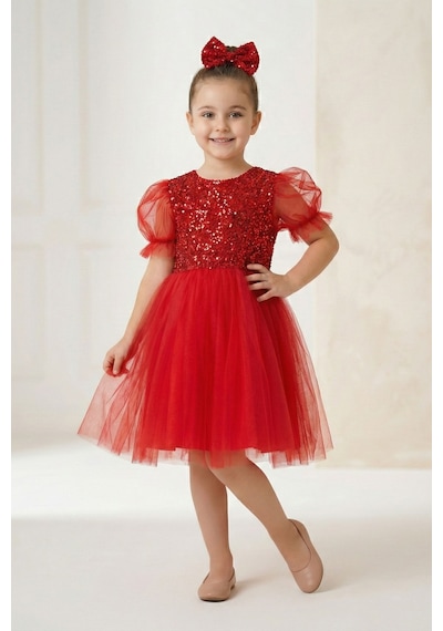 Mnk Baby & Kids Balon Kol Pul Payet Kız Çocuk Tütü Elbise M00751 Kırmızı