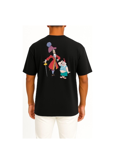 Bahriyeli Collection Oversize Tinker Bell Captain Hook Peter Pan Smee Poster Cep Ve Sırt Tasarımlı Unisex T-shirt SIYAH