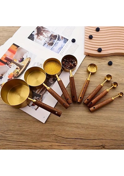 Valkyrie 8 Adet Paslanmaz Çelik Ahşap Saplı Ölçü Kaşığı Seti Ölçü Kabı 1.25ml 2.5ml 5ml 15ml 60ml 80ml 125ml 250ml Altın