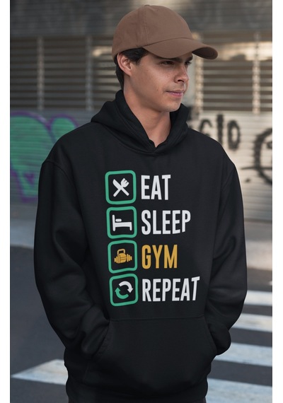 Sevbano Eat Sleep Gym Repeat Bodybuilding Fitness Gym Baskılı Unisex Over Siyah