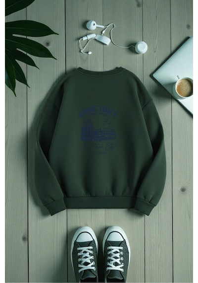 Uyguntarz Unisex Rome Itally Tasarım Baskılı Bisiklet Yaka Sweatshirt Yeşil