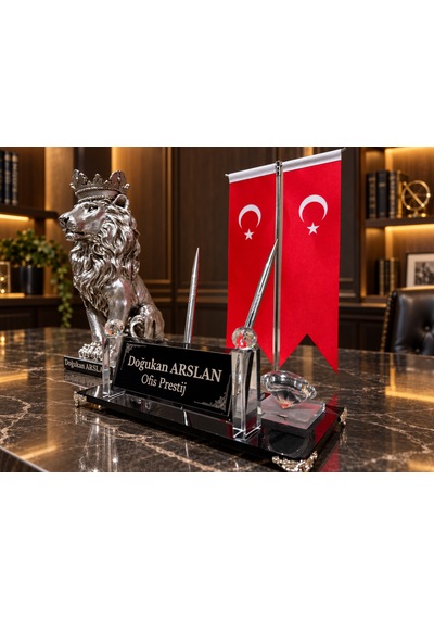 Kişiye Özel Çift Kalemli Kristal Masa İsimliği Türk Bayraklı Taçlı Aslan Figürlü 3 Parça Gri