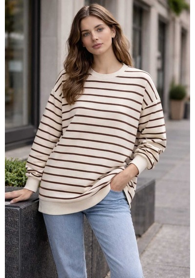 Tenra Oversize Geniş Kalıp Kadın Sweatshirt Bisiklet Yaka Basic Çizgili Kahverengi