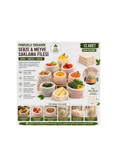 12 Adet Meyve Ve Sebze Filesi 30 X 35 Cm Büzgülü Yıkanabilir Saklama Kesesi Organik Pamuk Diğer