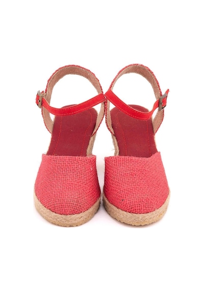 Star Tombis Gerçek Elişi Topuğu Açık Bilekten Bantlı Dolgu Topuk Keten Hasır Espadril Handmade Kırmızı