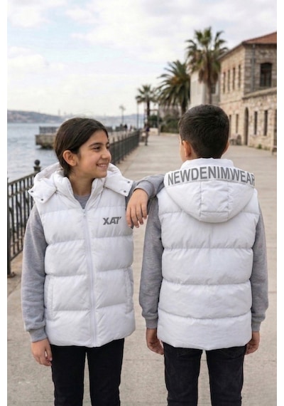 Pina Kids Unisex Çıtçıt Kapüşonlu Baskılı Şişme Yelek Beyaz