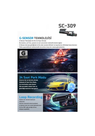 Kayıt Cihazı 4k 3.2'' Dokunmatik Ekran 3 Kameralı Araç İçi Kamera Sc-309