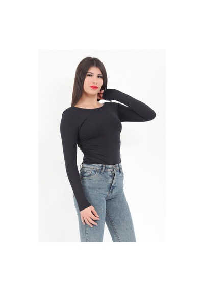 Giysa Kadın Siyah Sırt Dekolteli Uzun Kollu Çıtçıtlı Esnek Zıbın Body - 2440 Siyah