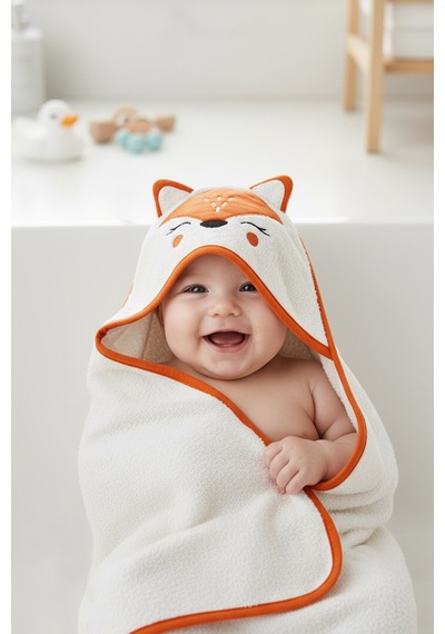 Bebek Kundak Havlu %100 Pamuk Nakışlı 75x75 CM - Fox Kiremit