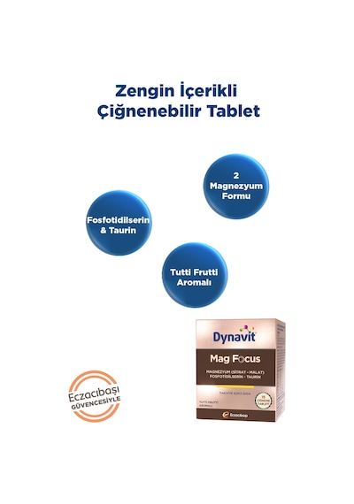 Dynavit Mag Focus 15 Çiğneme Tab - Magnezyum Malat & Sitrat, Fosfotidilserin, B6 & B12 Vitamini - Odaklanma