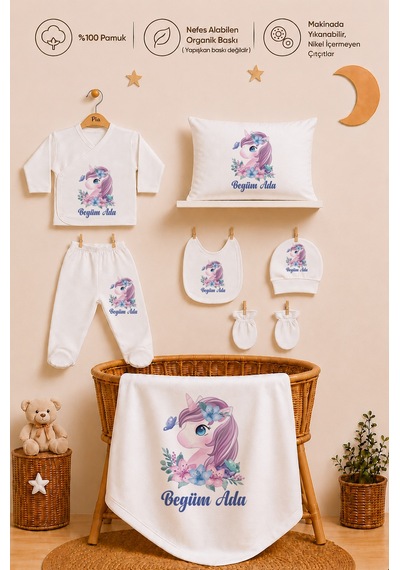 Pia Baby Kişiye Özel Kız Bebek Hastane Çıkışı 11 Parça %100 Pamuk Organik Baskılı Set 2028110x Ekru