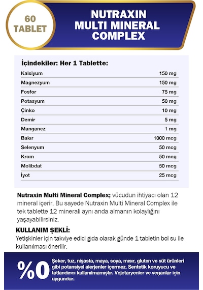 Nutraxin Multimineral Complex 60 Tablet Magnezyum, Kalsiyum, Çinko, Demir, İyot, Krom