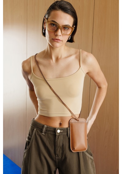 Genius Store Kadın Scuba Kumaş İp Askılı Crop Top Crop-atlet Bej