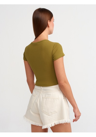 Dilvin Düğme Detaylı Detaylı Crop Top Haki