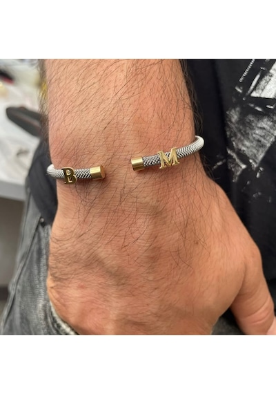 Simurg Jewellery 14 Ayar Altın Harfli Beyaz Çelik Bileklik Sarı - Beyaz