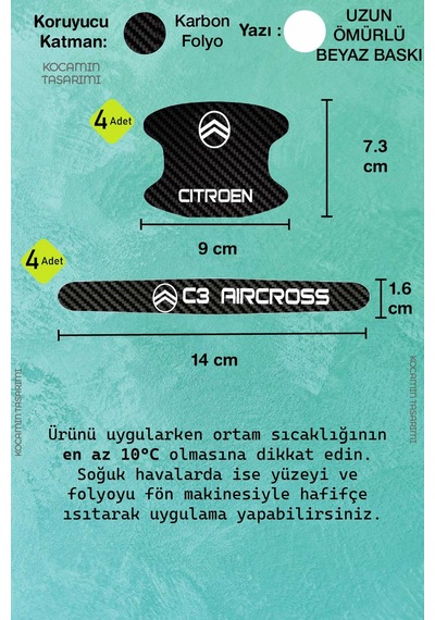 Araç Modeline Özel Citroen C3 Aircross Karbon Kapı Kolu Koruma Seti Beyaz Yazılı 8 Parça Şık Tasarım
