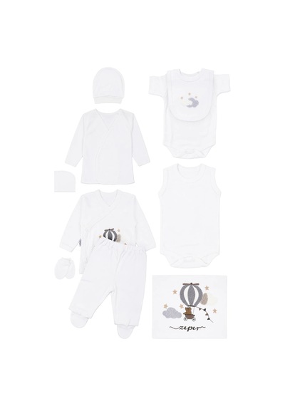 Bebegen Erkek Bebek Naturel %100 Pamuk Ekru Gri Uçan Balon Nakışlı 10 Parça Hastane Çıkış Seti Çok Renkli