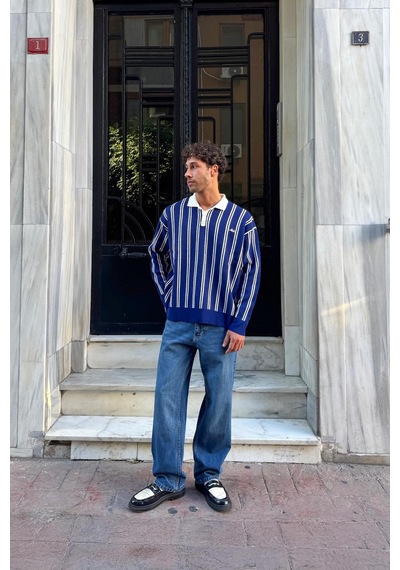 Flaw Çizgili Baggy Fit Mavi Mavi
