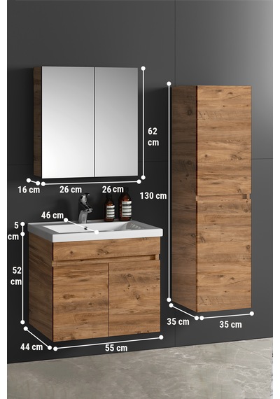 Çiğdem 65+35 Cm Atlantik Çam Mdf Seramik Lavabolu Asma Banyo Dolabı Takımı Beyaz