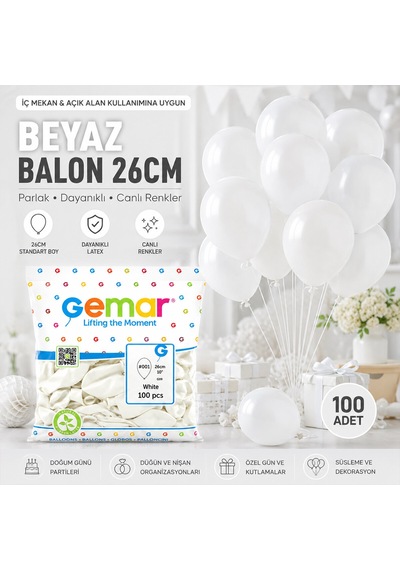 İç Mekan - Beyaz Balon 10 Inc - 26cm - 100pcs Çok Renkli