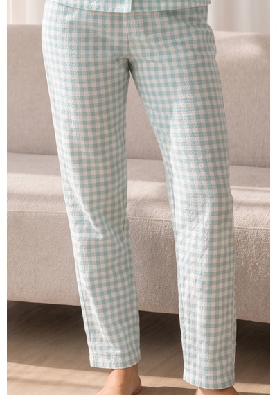 Kadın Loose Uzun Paça Pamuk Su Yeşili Pijama Takımı