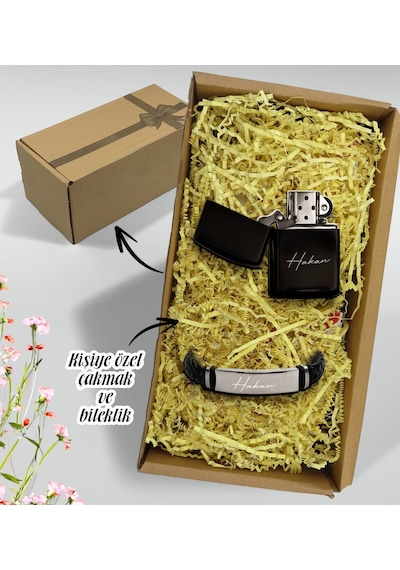 Bk Gift Hediye Kutulu Kişiye Özel İsimli Benzinli Çakmak Ve Çelik Deri Örme Metal Erkek Bileklik Hediye Seti, Sevgiliye Hediye, Erkek Aksesuar Hediyel Gümüş - Siyah