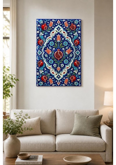Osmanlı Çini Desenli Baskılı Cam Tablo Nar Ve Lale Motifli Uv Baskı Duvar Dekoru