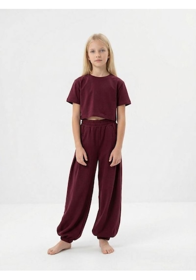 Zekids Kız Çocuk Şalvar Kesim Eşofman Altı-17185 Bordo