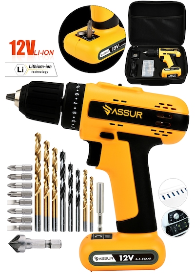 Assur ASR006 12V Dahili Batarya Akülü Vidalama Şarjlı Matkap Sarı