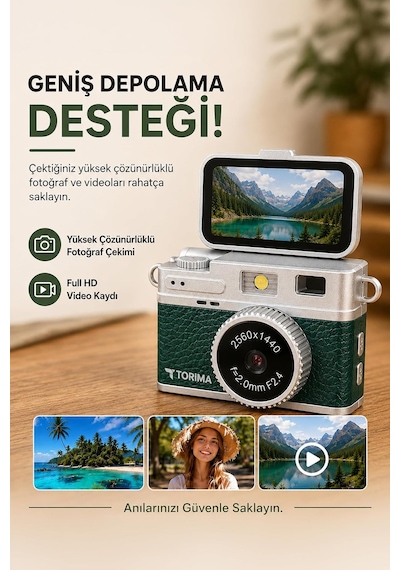 Mini Dijital Kamera 2k Flip Ekranlı Selfie Video Vlog Kamerası Cmr49 Koyu Yeşil