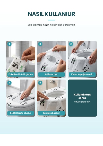 Tek Kullanımlık Çocuk Klozet Örtüsü 12 Adet, Panda Desenli Sıvı Geçirmez Hijyenik Klozet Kapak Örtüsü, Tek Tek Paketli Çok Renkli