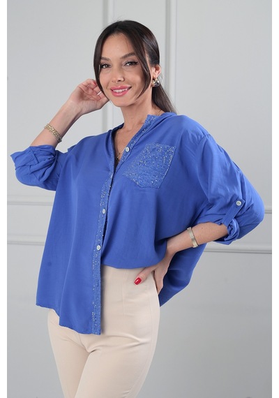 By Saygı Kadın Pul Detaylı Tek Cepli Oversize İthal Keten Gömlek Saks