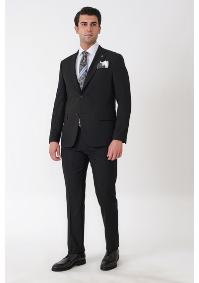 Efor Slim Fit Çift Yırtmaç Esnek Yünlü Düz Siyah Takım Elbise Tk 948