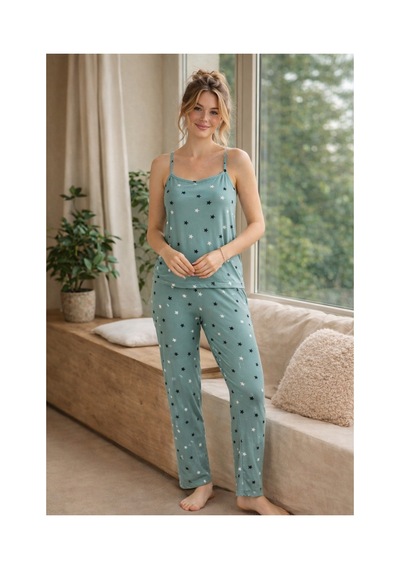 Rindahomewear Kadın Yıldız Baskılı Yeşil Milan Askılı Pijama Takımı Yeşil