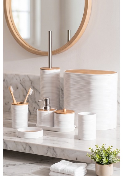 Porsima 4531 8 Parça Banyo Seti - Bambu Kapaklı Çöp Kovası, Sabunluk, Diş Fırçalığı Ve Wc Fırçası Beyaz